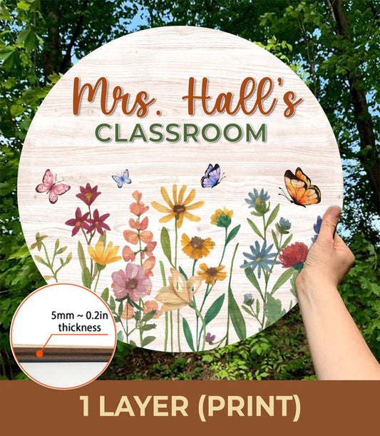Floral Classroom Door Sign – Personalized Wooden Teacher Name Sign