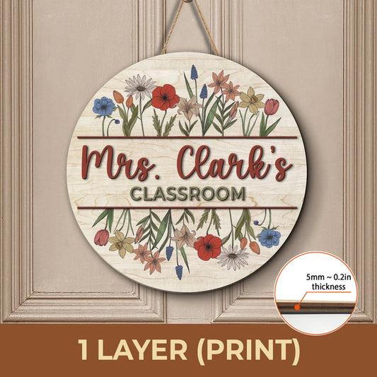 Vintage Floral Teacher Door Sign – Personalized Wooden Classroom Decor