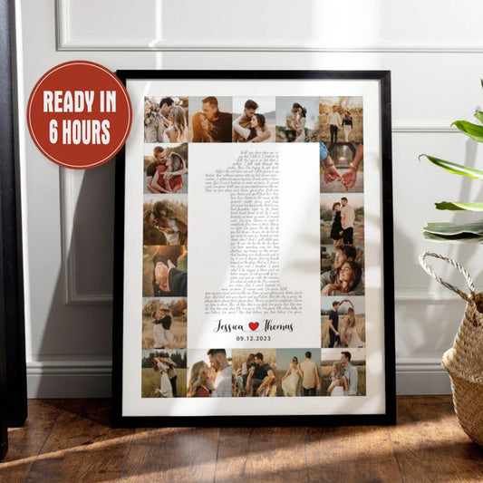 Custom Photo Collage Number Wall Art with Song Lyrics and Names – Personalized Couple Gift