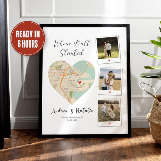 Custom Map Location Print with Couple Photos – Where It All Started Wall Art