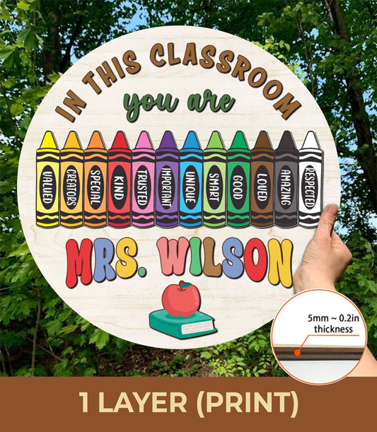 Crayon-Themed Classroom Door Sign – Personalized Teacher Wooden Sign