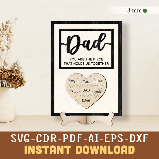 Dad Puzzle Heart Sign SVG Laser Cut File, Father’s Day SVG Gift - Instant Download