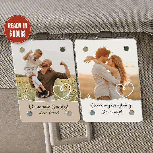 Personalized Car Visor Photo Clip, Couples Safe Driving Keepsake, Romantic Boyfriend Gift